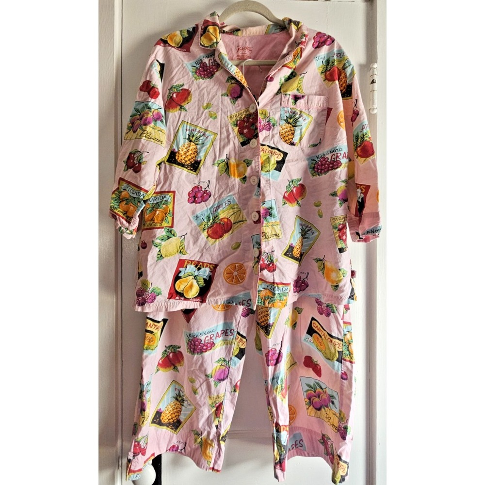 Vtg NICK & NORA "fruit Stand " 100% cotton pajamas set womans L